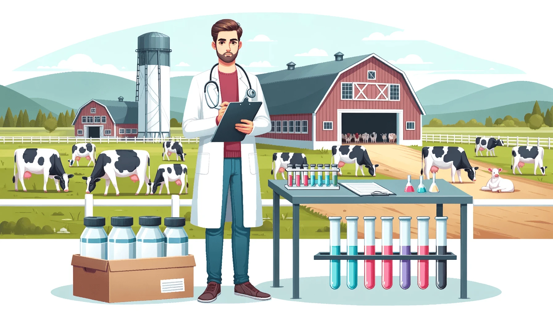 A veterinarian standing in a farm setting, holding a clipboard and observing the animals for pregnancy.